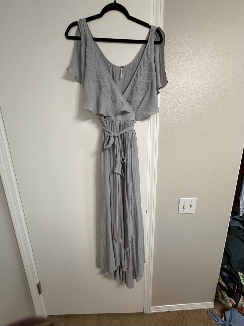 Free People Fiona Light Gray Cold-Shoulder Maxi Dress with Waist Tie